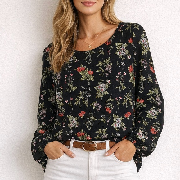 Leith Tops - Leith Black Long Sleeve Floral Blouse Top Poetcore Red Green Women's Size Small